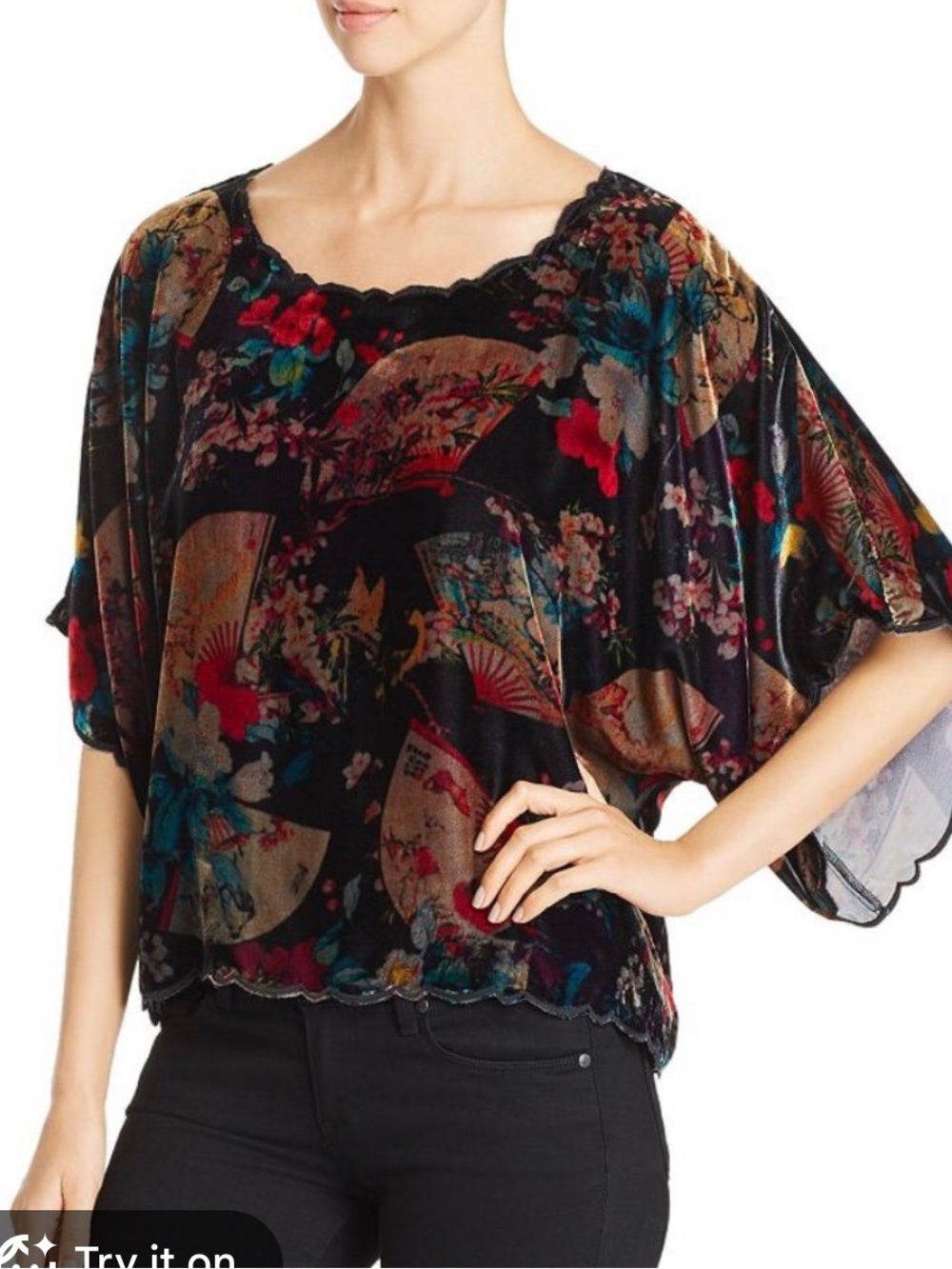 Johnny Was Black Velvet Floral Paisley Dolman Sleeve Blouse